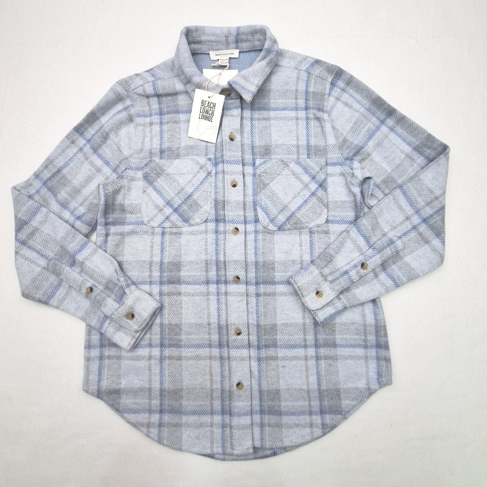 Beachlunchlounge Sally Shacket Womens XS Morning Mist Blue Plaid Flannel Jacket